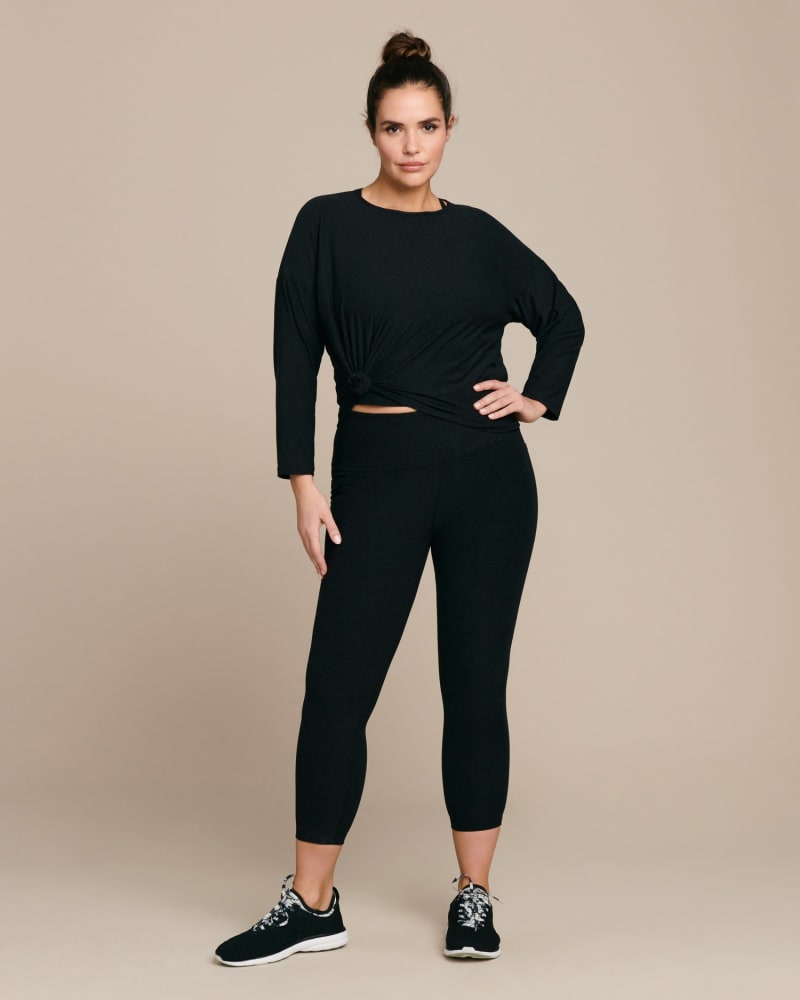 Front of a model wearing a size 2X Spacedye Out Of Pocket High-Waisted Midi Legging in Darkest Night by Beyond Yoga. | dia_product_style_image_id:224774